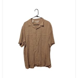 Vtg Old Money 100% Silk Button Shirt XL Tan Short Sleeve Quiet Luxury Grandpa